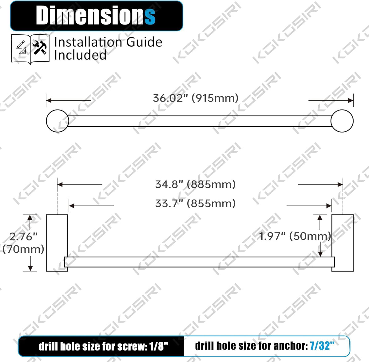 KOKOSIRI Towel Holder Chrome 36-Inch Towel Bars for Bathroom and Lavatory Wall Mounted Polished Stainless Steel Bathroom Accessories, B4007CH-L36