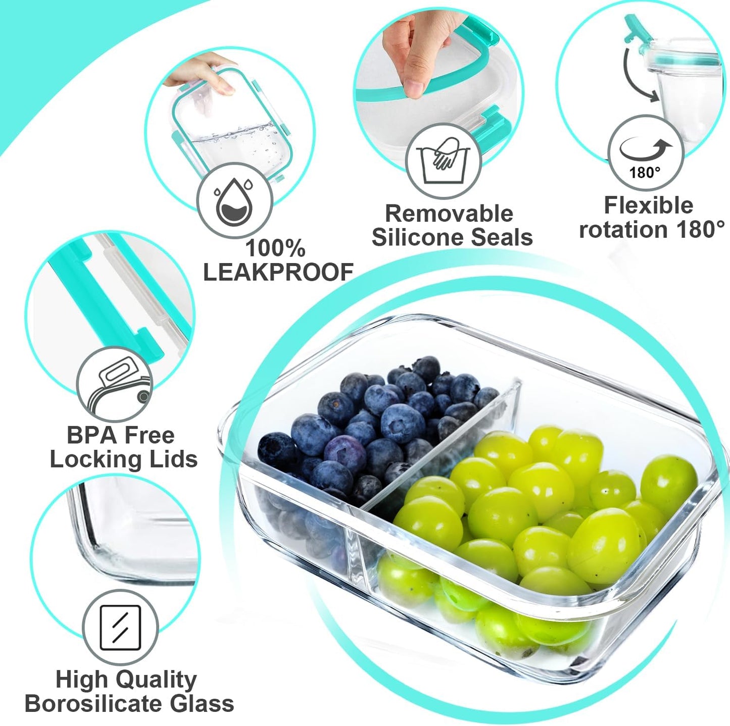 VERONES 10 Pack Glass Meal Prep Containers - 2 Compartment Set, 30 OZ Airtight Glass Lunch Containers with Lids, for Microwave, Oven, Freezer & Dishwasher Friendly, Green
