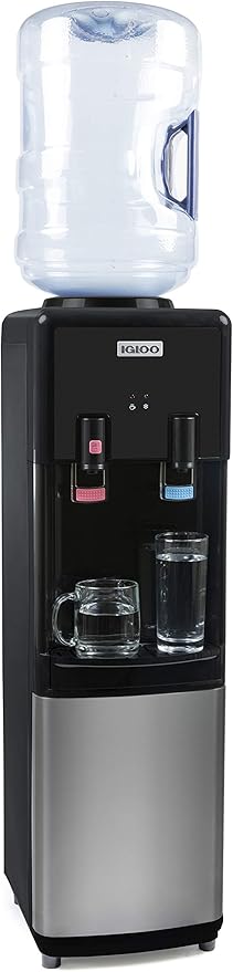 Igloo Top Loading Water Cooler with Removable Tray & Energy-Saving Features - Water Tower with Hot, Cold Temperature Settings- Water Dispenser Fits 3 & 5-Gallon Jugs with Child Safety Lock- Stainless