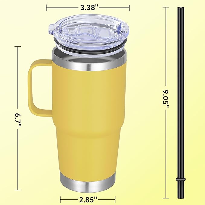 20 oz Stainless Steel Tumbler with Handle Bulk Metal Insulated Tumblers Travel Coffee Mug with Handle Double Wall Tumbler Cup with Lid and Straw, Yellow 12 Pack