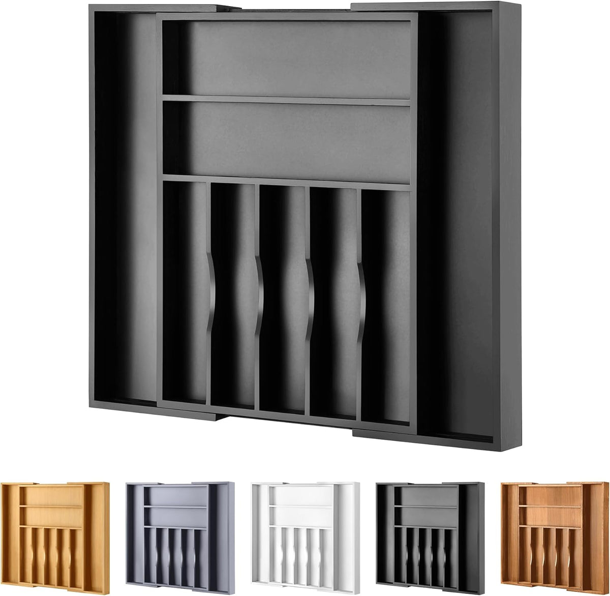 Large Premium Bamboo Silverware Organizer - Expandable Drawer Organizer & Utensil Organizer - 17"x19.7" Cutlery Tray with Dividers for Kitchen Utensils and Flatware (7-9 Slots) (Black)