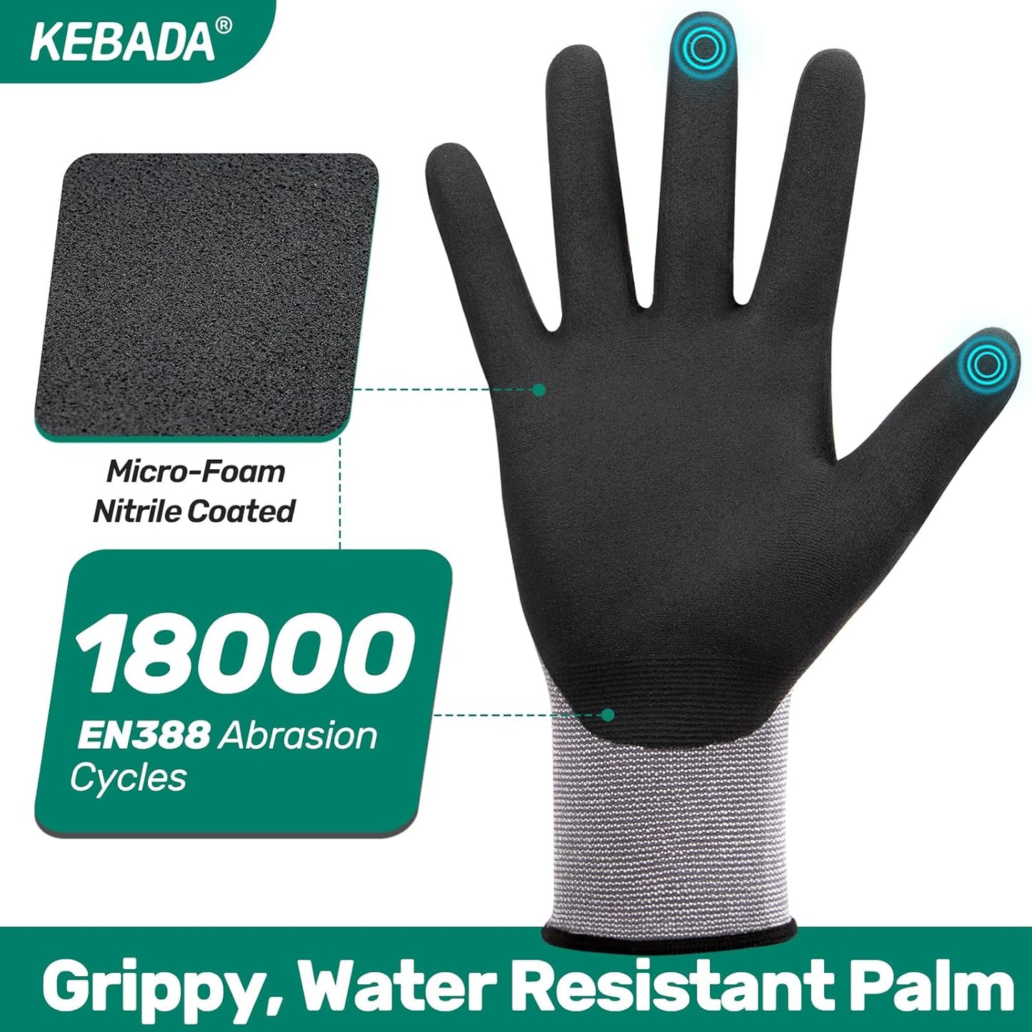 Kebada W2 Work Gloves for Men and Women, Nitrile Coated Working Gloves for Gardening, Construction, Warehouse, Safety Gloves for Work in Yard and Outdoors, 6 Pairs, Medium