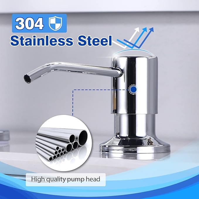 Chrome Soap Dispenser for Kitchen Sink, WEWE Kitchen Sink Soap Dispenser Built in for Counter Top Refillable Under Sink in Sink Soap Dispenser Stainless Steel Polished Chrome