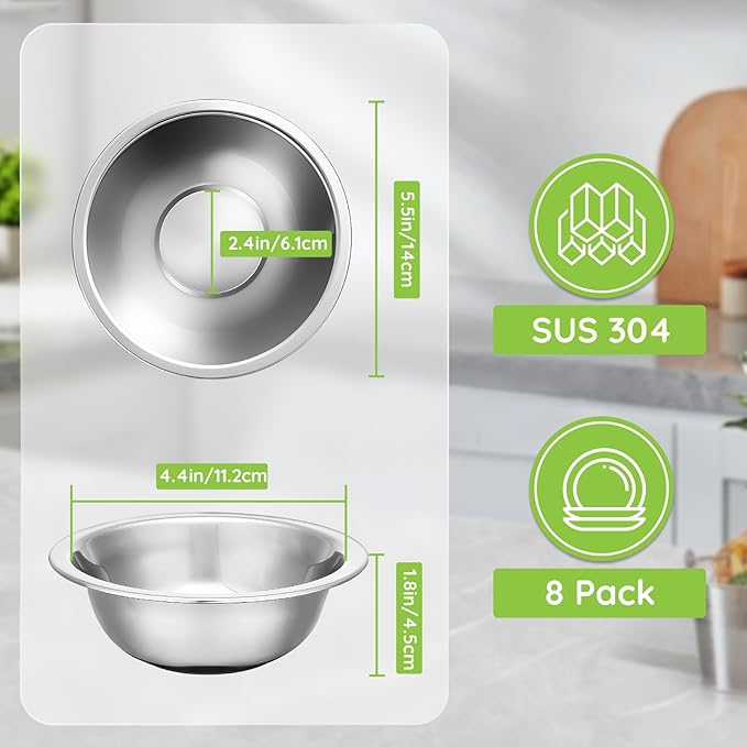 304(18/8) Stainless Steel Mixing Bowls for Kitchen, 8 Pack 5.5" Small Metal Mixing Cooking Bowls Set Stackable for Baking Serving Cooking Food Prep Storage Dishwasher Safe Lightweight