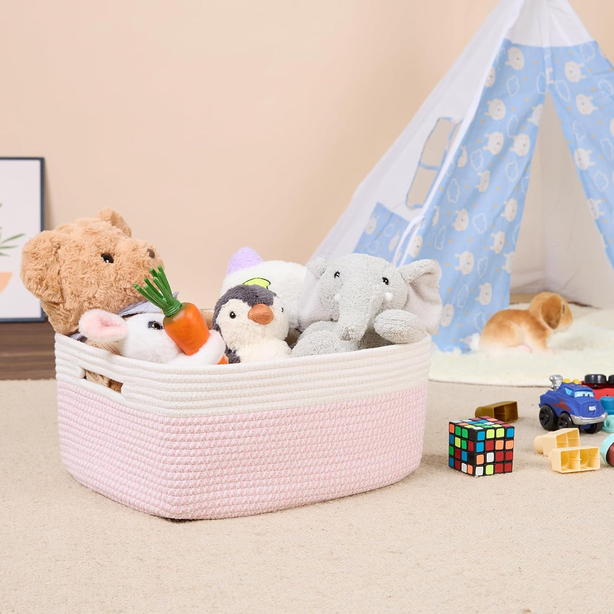 Large Storage Baskets for Shelves, Closet Organizers Bins for Clothes Blanket Towels, Baby Nursery, Toy Baskets Box, Woven Rope Baskets, 17 x 13 x 7.5”, 3 Packs Woven Pink