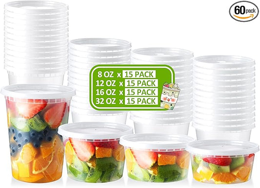 NEEBAKE 60 Set Deli Containers with Lids - 8oz 12oz 16oz 32oz Combo Plastic Food Storage Containers with Lids, Assorted Size To-Go Containers, Meal Prep Variety pack