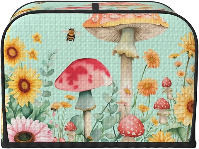 Pastel Sunflowers Mushrooms Covers for 4 Slice Toasters,Cute Country Bread Machine Cover with Handle,Washable Stain Resistant Kitchen Small Appliance Cover Dining Decor