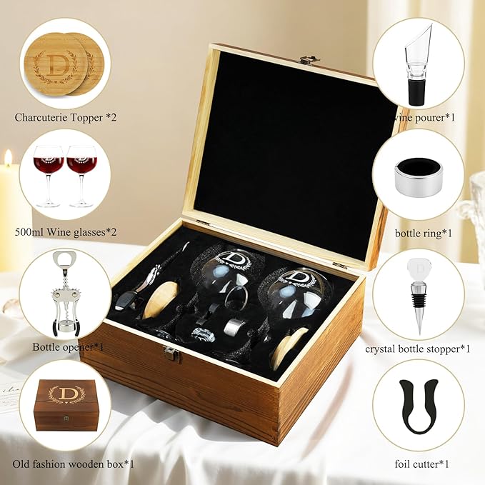 GZLDGIFTS Personalized Initial Wine Glasses Box Gift Set For Women Mom Engraved Birthday Monogrammed Wooden Christmas Gifts Wedding Anniversary Wine Couples Stopper Opener Initial Letterr (R Set)