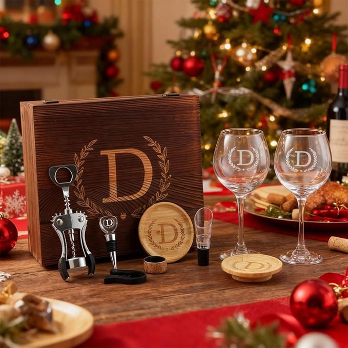 GZLDGIFTS Personalized Initial Wine Glasses Box Gift Set For Women Mom Engraved Birthday Monogrammed Wooden Christmas Gifts Wedding Anniversary Wine Couples Stopper Opener Initial Letterr (M Set)