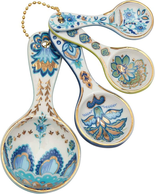 Mary DiSomma’s Ceramic Measuring Spoons (Set of 4) | Unique Signature Floral Print Design for each, Gold Overlay, Teal, Blue, Robin’s Egg Blue, Lime Green, Metallic Gold Chain, Boxed gift set