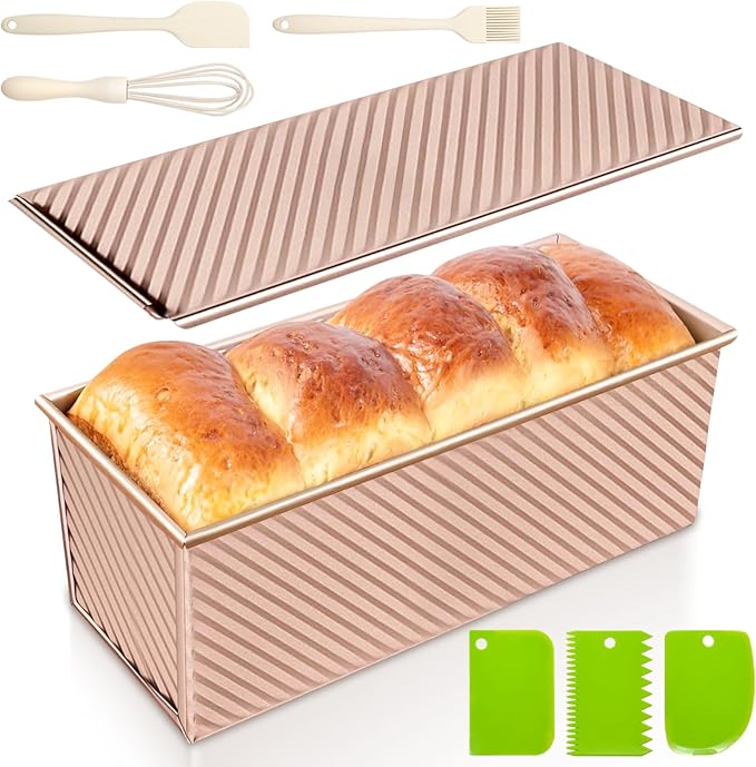 2.2lb Pullman Loaf Pan with Lid, Nonstick Carbon Steel Square Bread Pan for Baking Shokupan, Sandwich, Pain de Mie & Sourdough – Includes 6 Bonus Tools