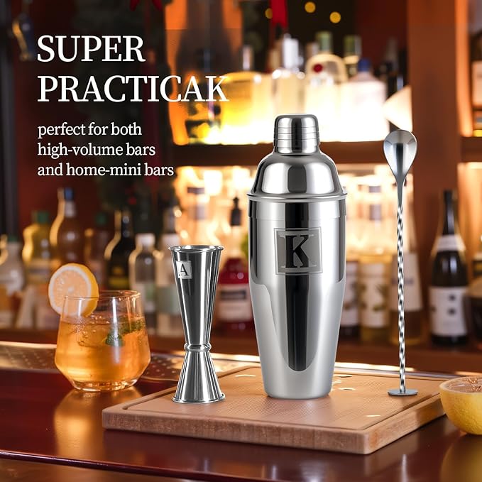 24oz Cocktail Shaker Set with 1 oz 2oz Jigger - Monogramm Initials Martini Shaker Set - 304 Stainless Steel Bar Shaker for Margarita,Mojito-Personalized Gift for Friend,Husband-F