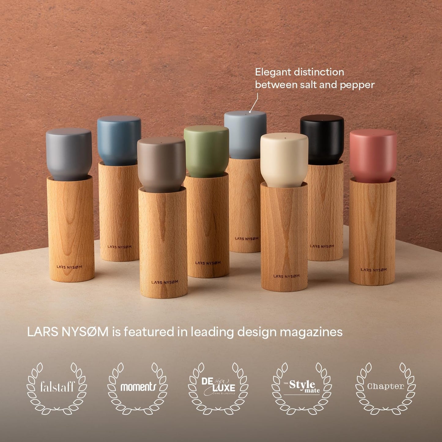 LARS NYSØM Wooden Salt and Pepper Grinder Set Manual with Tray - Salt and Pepper Mills with Adjustable Ceramic Grinder - Elegant Beechwood Pepper and Salt Mill Set for Dining Table (Green/Beige)