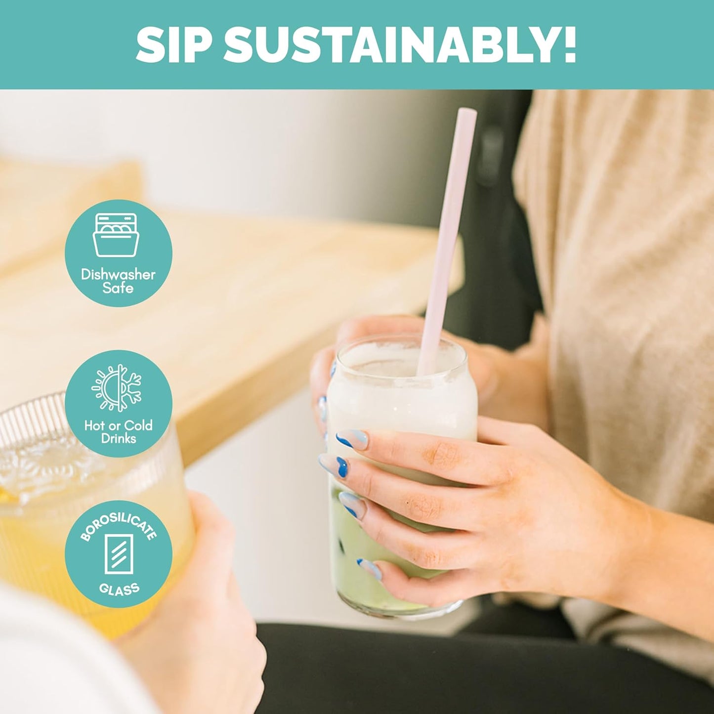 Simply Straws 10 Inch Glass Straws Bent (6-Pack) – Reusable Glass Straws for 24 Oz Mason Jars & Tumblers, with Cleaning Brush – Durable, Dishwasher Safe, Hot & Cold Use, BPA-Free (Seaglass)