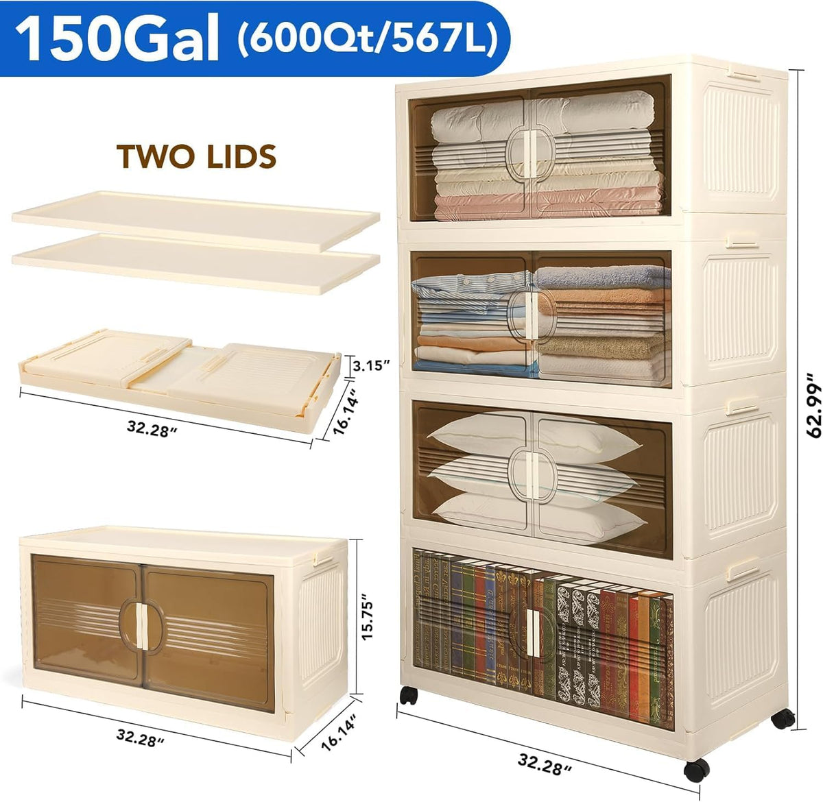 150GAL/600QT Large Storage Bins with 2 Lids, Stackable Collapsible Storage Bins with 8 Wheels & 2 Lids, Closet Organizers and Storage, 4 Packs Folding Plastic Clothes Storage Cabinet for Home Office