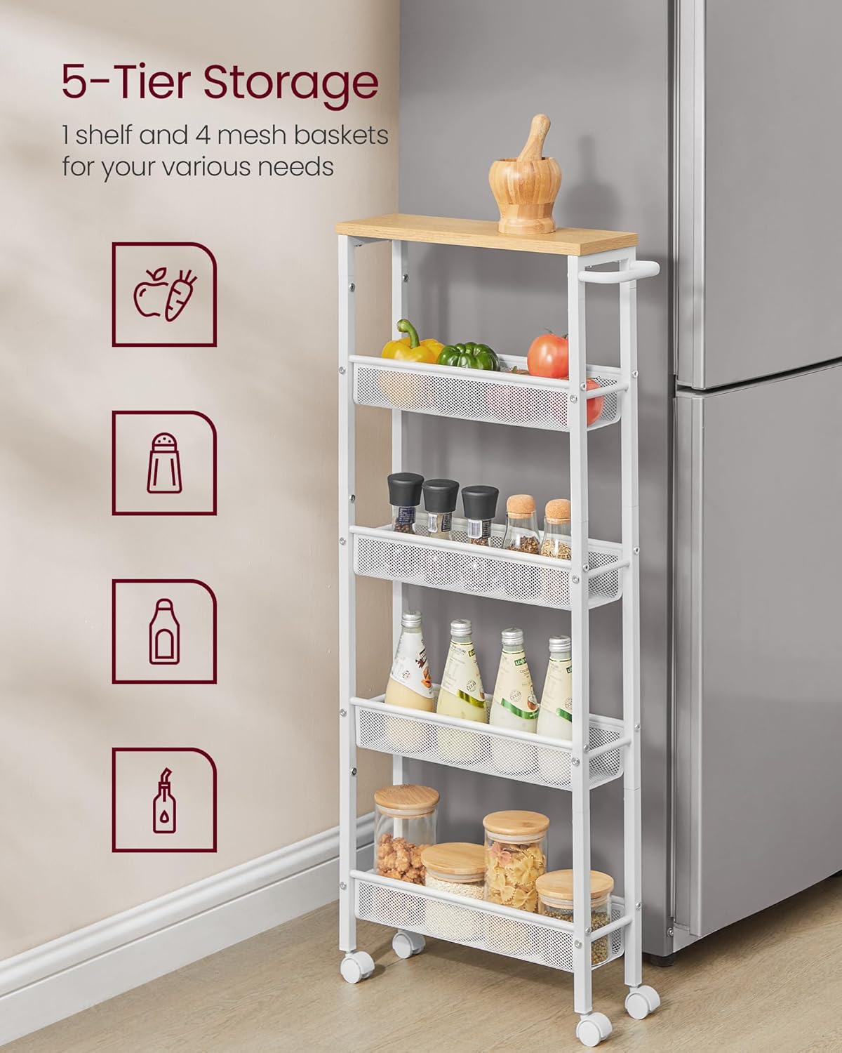 VASAGLE Slim Rolling Cart, 5-Tier Storage Cart, Narrow Cart with Handle, 5.1 Inches Deep, Metal Frame, for Kitchen, Dining Room, Living Room, Home Office, Oak Beige and Classic White ULRC034W09