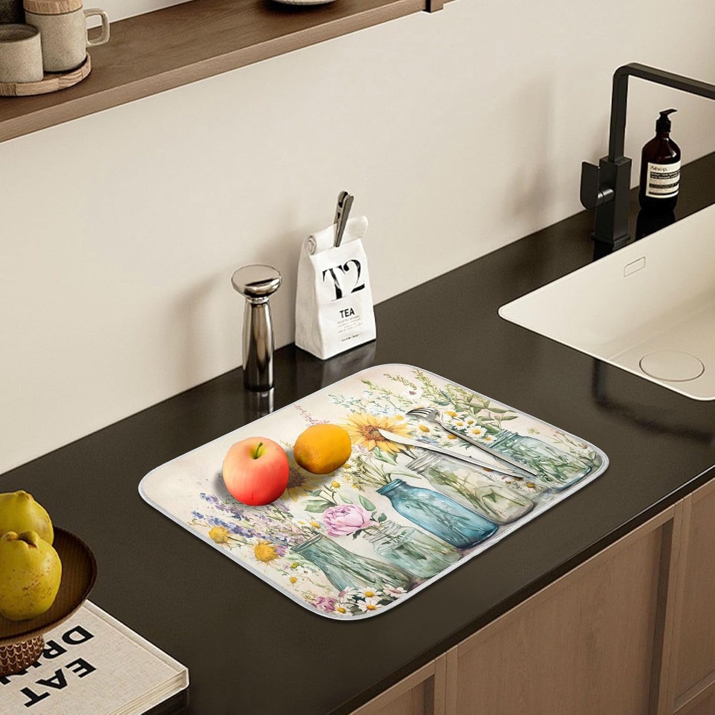 Spring Summer Floral Jars Flowers Dish Drying Mat for Kitchen Counter Absorbent Microfiber Large Drying Pad Dish mats for Kitchen Countertops 18 x 24 Inch