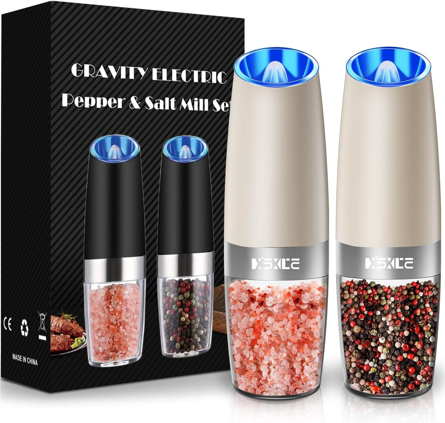 XinXu Gravity Automatic Electric Pepper and Salt Grinder, Auto Salt or Pepper Mill Shaker Stainless Steel,Blue LED Light,One Hand Operated- (Set/Khaki)