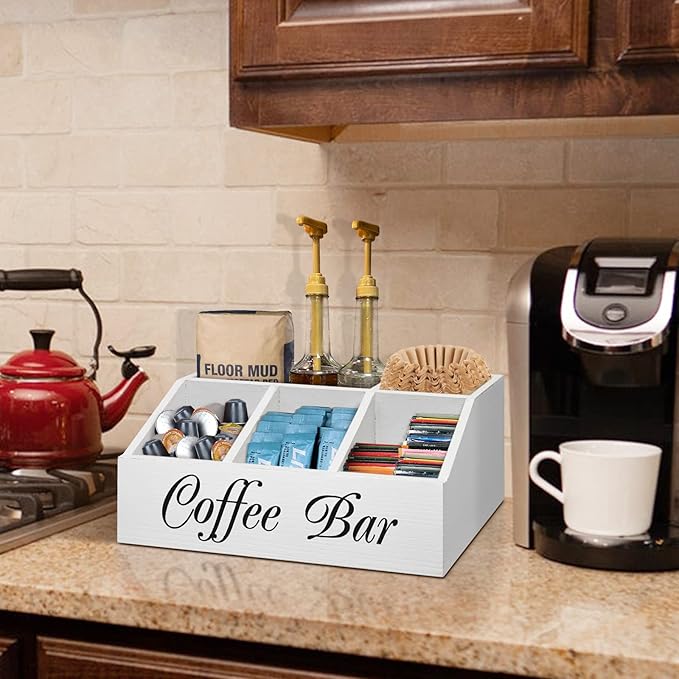 ugiftt Coffee Station Organizer for Counter, Wood Coffee Pods Holder Storage Basket, Tea Condiment Storage Organizer, Rustic Wood Bar Decor for Accessories
