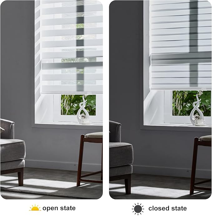 Persilux Cordless Zebra Blinds for Windows (70" W X 47" H, White) Free-Stop Windows Shades Dual Layer Light Control for Day and Night, Light Filtering Sheer Shades for Home, Easy to Install