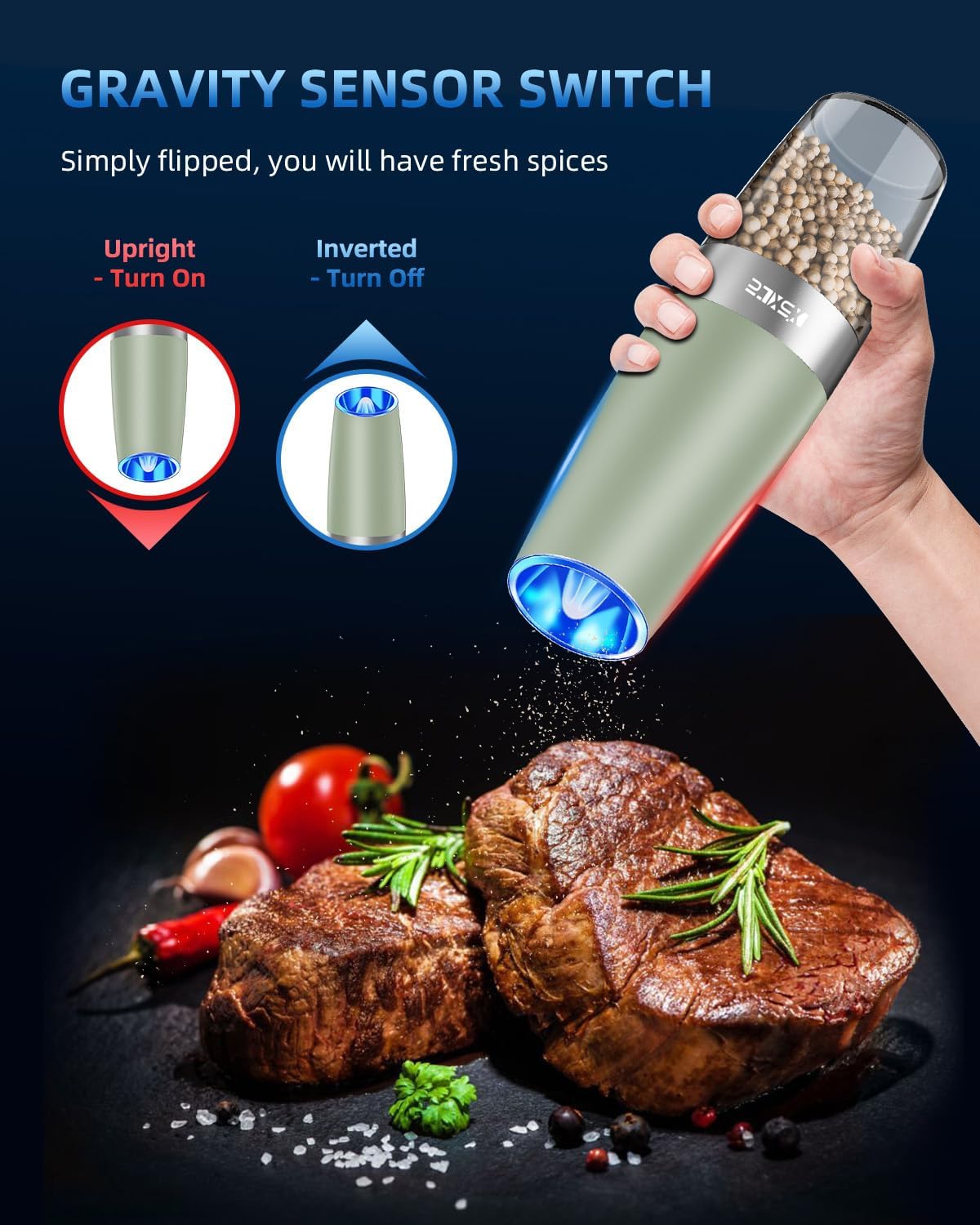 Gravity Electric Pepper and Salt Grinder Set, Adjustable Coarseness, Battery Powered with LED Light, One Hand Automatic Operation,Light Green, 2 Pack