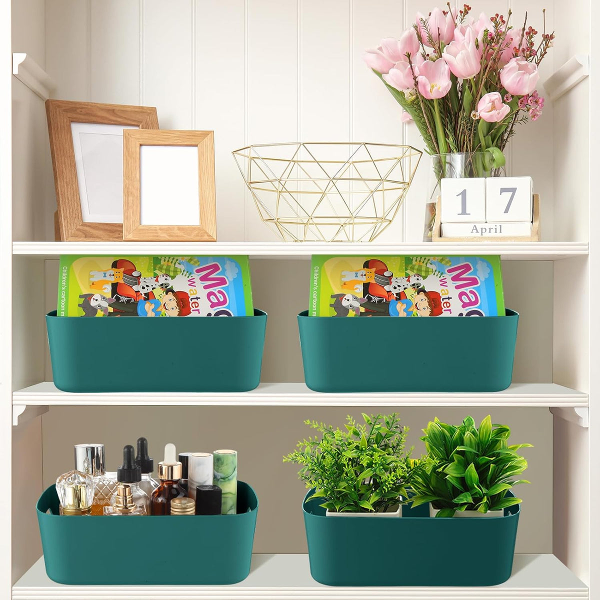 Zopeal Plastic Storage Bins 10 Pcs Green Pantry Organizer Bins Small Baskets Storage Containers for Home Kitchen (8 x 5.7 x 3 Inch)