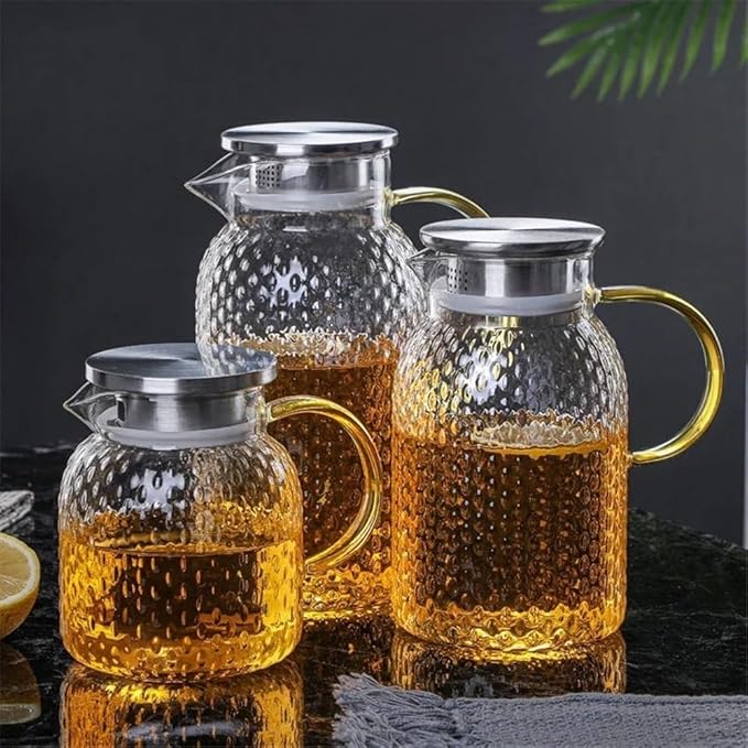 GRFIT Glass Water Pitcher with Filter Lid and Spout Pourer Heat Resistant Glass Pitcher for Hot and Cold Drinks Tea Bottle Ice Cream Homemade Water Jug (1L)