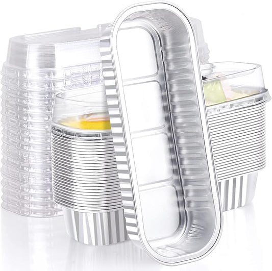 EUSOAR Creme Brulee Ramekins, 25pcs 6.8oz 6.5"x2.5"x1.2" Aluminum Foil Silver Baking Cups Mini Loaf Pans with Lids, Disposable Ramekins Cupcake Containers Wrappers, Dessert Cheesecake Pan Cups