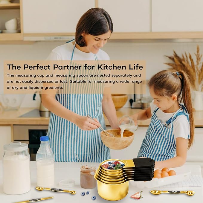 Magnetic Measuring Cups and Spoons Set, Including 7 Stainless Steel Nesting Gold Measuring Cups & 8 Magnetic Gold Measuring Spoons with 1 Leveler for Cooking & Baking