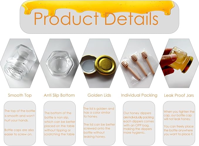 Adabocute 20 Pack Mini Honey Jars with Dipper - Mini Honey Jars for Baby Showers & Wedding Gifts - Gold Lids, Bee Pendants, Jutes and Gift Bags
