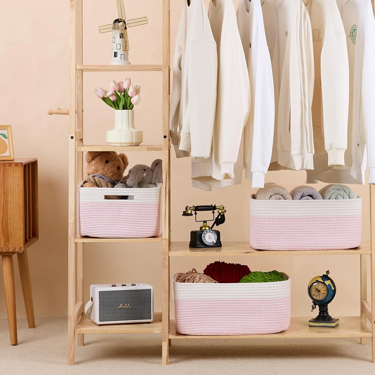 Large Storage Baskets for Shelves, Closet Organizers Bins for Clothes Blanket Towels, Baby Nursery, Toy Baskets Box, Woven Rope Baskets, 17 x 13 x 7.5”, 3 Packs Woven Pink