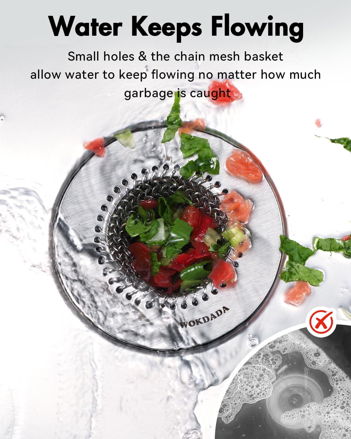 Kitchen Sink Drain Strainer with Stopper, Wokdada Revolutionary 304 Stainless Steel Screen Mesh Sink Strainer & Silicone Kitchen Sink Stopper, Easy Clean, Clog-Free Food Catcher for Garbage Disposal
