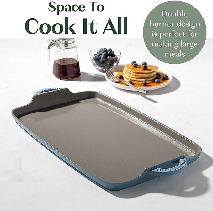 Goodful All-in-One Double Burner Griddle, Ceramic Nonstick, Durable Cast Aluminum, Oven Safe and Dishwasher Safe, Made without PFAS, PFOA, PFOS & PTFE, 18-Inch x 11-Inch, Blue Mist