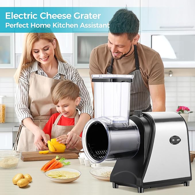 5-in-1 Electric Cheese Grater & Vegetable Slicer – 250W One-Touch Shredder with Stainless Steel Blades for Block Cheese, Vegetables, Fruits & Nuts