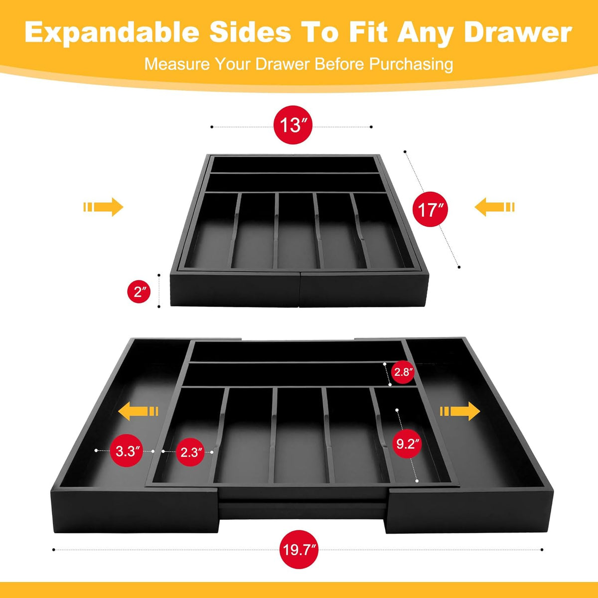 Large Premium Bamboo Silverware Organizer - Expandable Drawer Organizer & Utensil Organizer - 17"x19.7" Cutlery Tray with Dividers for Kitchen Utensils and Flatware (7-9 Slots) (Black)