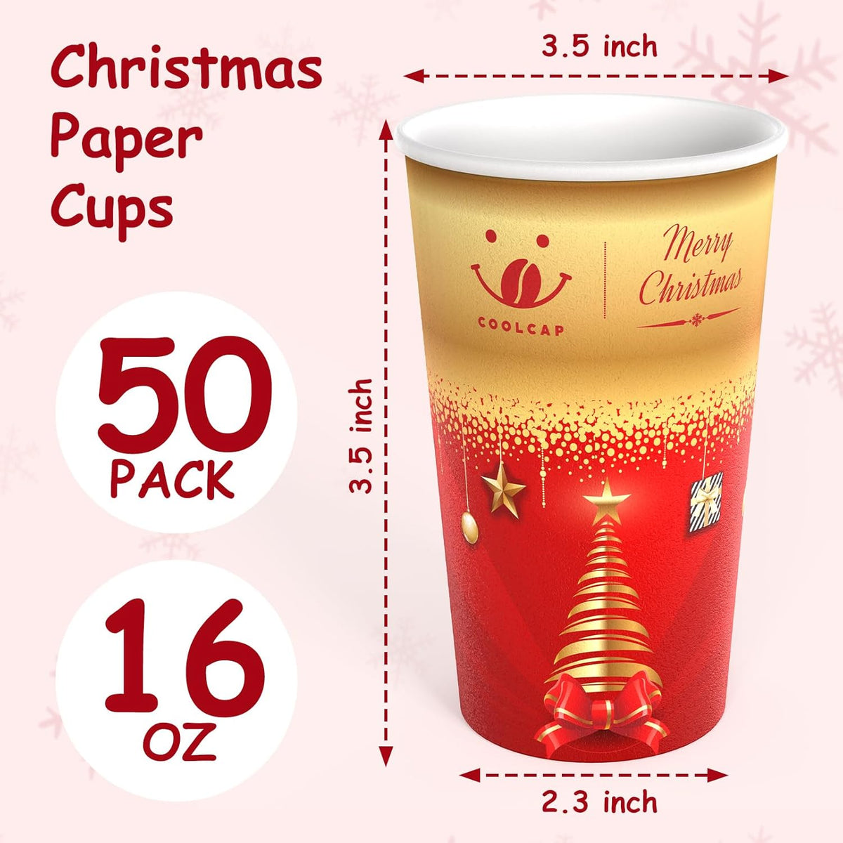 Christmas Coffee Cups, 50 Pack Party Decor, To Go Paper Hot Cups for Chocolate, Cocoa, Coffee (Red, 16 Ounce)