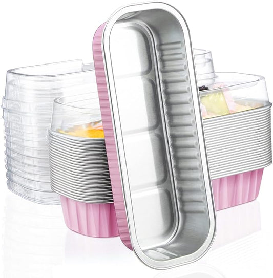EUSOAR Cupcake Liners with Lids, 25pcs 6.8oz 6.5"x2.5"x1.2" Pink Aluminum Mini Loaf Pans with Lids, Foil Ramekins Pan Tin with Lids，Cupcake Baking Cups Containers, Dessert Cheesecake Pan
