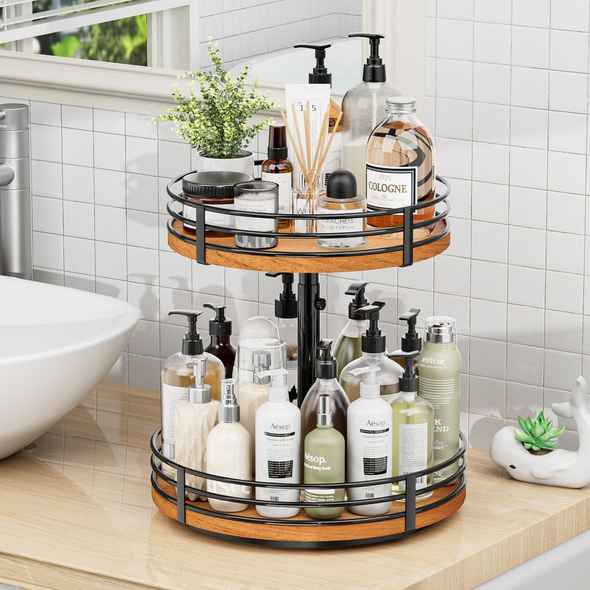 Lazy Susan Turntable Organizer Adjustable - 2 Tier Wood Rotating Spice Rack 12 Inch Lazy Susan for Kitchen Countertop Cabinet Pantry Cupboard Dining Table Bathroom Coffee Bar Home Storage