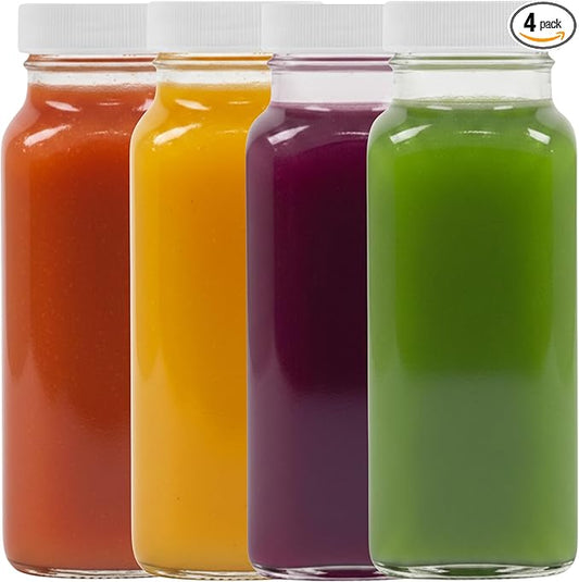 kitchentoolz 8oz Square Glass Juice Shot Bottle with Lid – 4 Pack 8 oz Milk Glass Bottles with Lids for Lunch Box, Airtight Reusable Drinking Jars for Smoothies, Yogurt, Kefir, Juice & Water