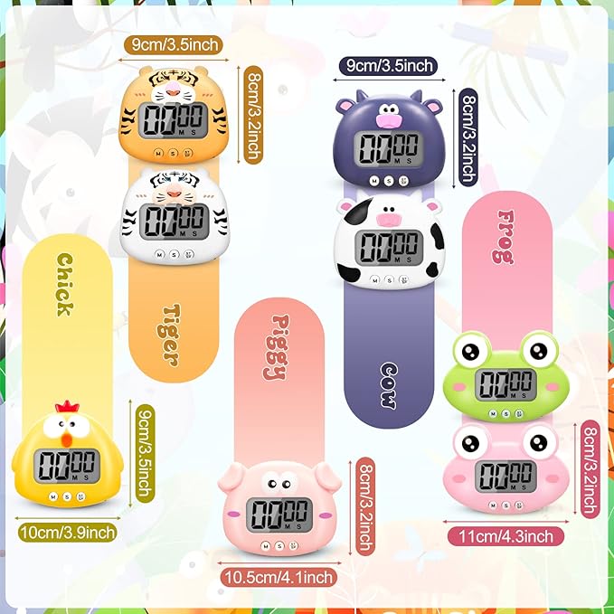 8 Pcs Cute Animal Kitchen Timer Digital Countdown Classroom Timer Magnetic Cartoon Decorative with LCD Large Visual Screen for Kitchen Cooking Classroom Whiteboard, 8 Styles