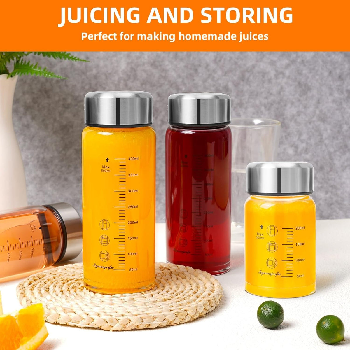 Glass Juice Bottles 4 Pack 16 oz - Wide Mouth Glass Water Bottles with Lids - for Juicing, Smoothies, Milk, Protein, BPA Free, Reusable, Stainless Steel Lids, Leak Proof, Shaker bottle (16oz/500ml)