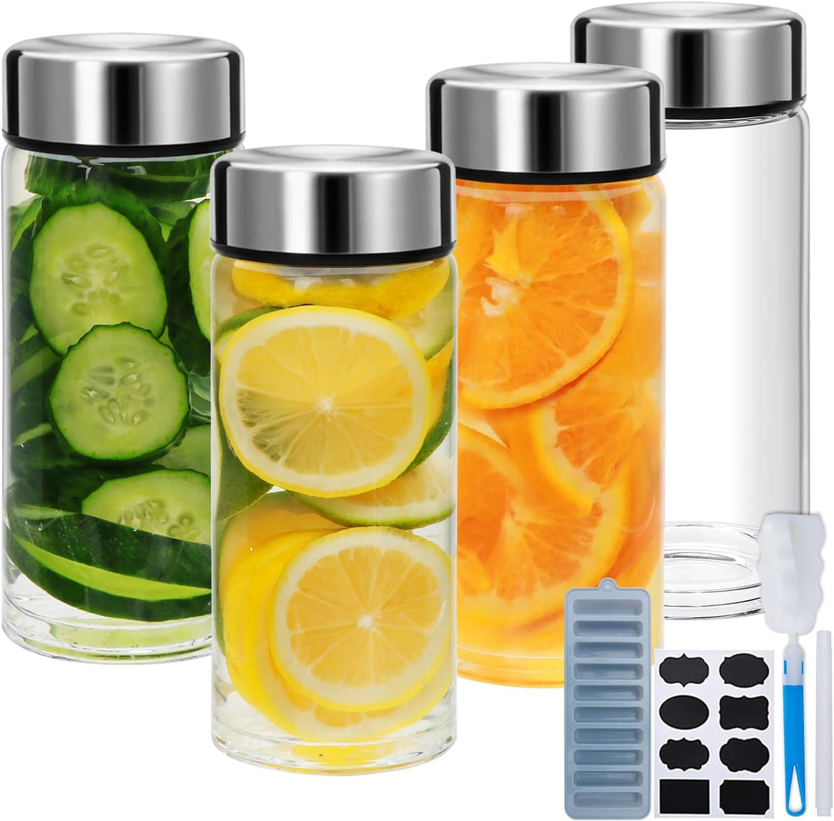 4 Pack Juice Bottles with Lids,12oz Wide Mouth Glass Bottles with Stainless Steel Cap,Reusable Glass Water Bottle for Juicing, Smoothies, Infused Water,Beverage Storage,BPA Free,Leakproof