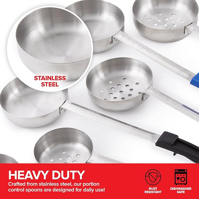 Portion Control Serving Spoons (Set of 8), Slotted & Unslotted Portion Scoops for Food, Heavy Duty Stainless Steel Utensils for Portion Control, 2, 4, 6, and 8oz Scoops for Portion Perfection