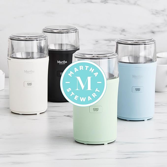 Martha Stewart Electric Coffee & Spice Grinder, Dual 2.5oz Removable Bowls, Storage Lids, Stainless Steel Blades, One Touch Pulse Control, 2-in-1 Compact, Beans & Spices, Herbs & Nuts, Linen White