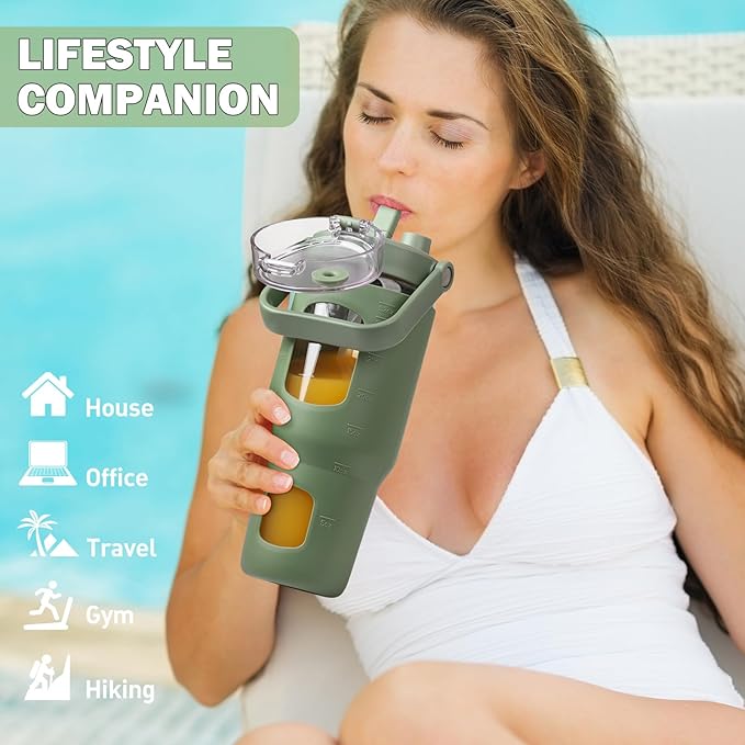 BLUEGO 32oz Glass Water Bottles with Straw Time Marker Half Gallon Large Motivational Water Bottle with Silicone Sleeve 2 Liter Large Glass Water Jug for Gym, Sports& Workout, Daily, 02 Olive