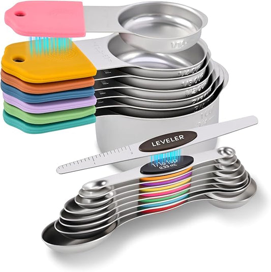 16-Piece Magnetic Measuring Cups and Spoons Set, Stainless Steel with Non-Slip Silicone Handles and Leveler, Essential Kitchen Baking Tools (Multicolor)