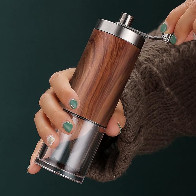 Manual Coffee Grinder, Coffee Bean Grinder with Adjustable Settings, Stainless Steel Hand Coffee Mill, Coffee Grinder Manual for Camping Home and Office (Metallic Wood)