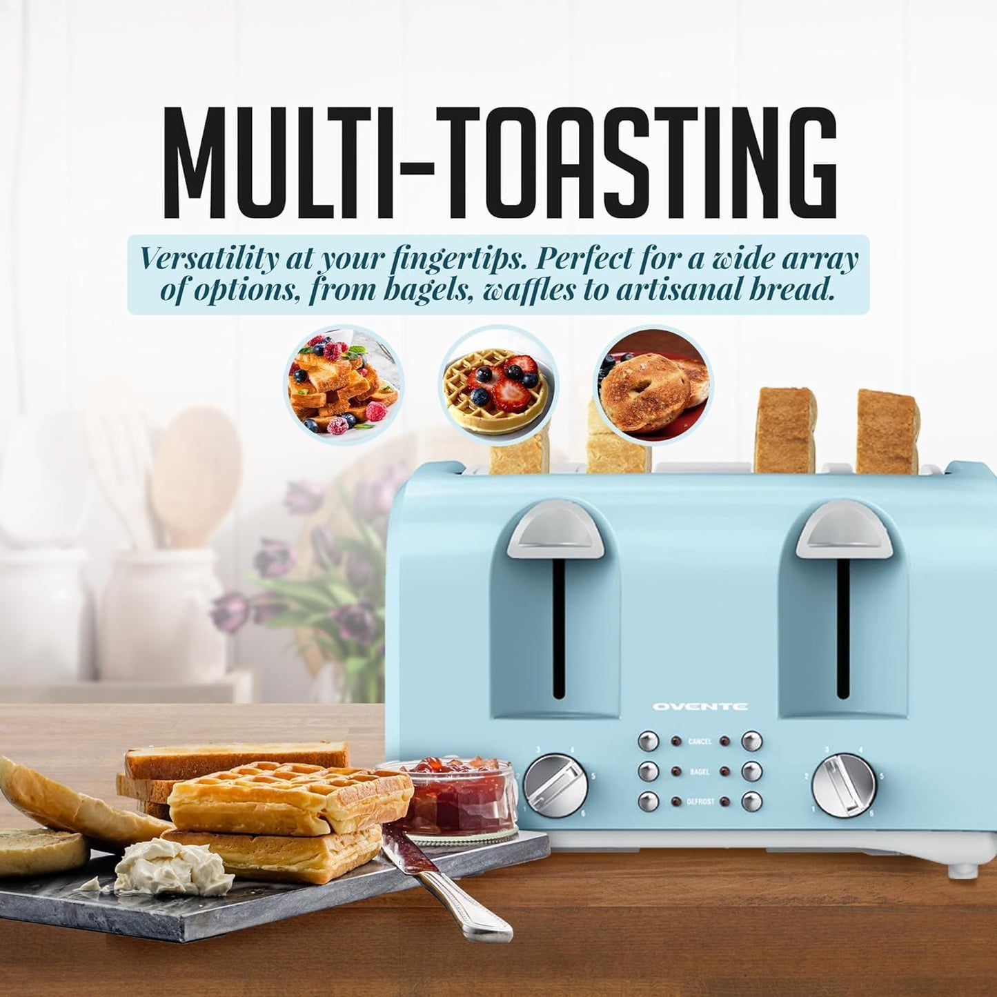 OVENTE Electric 4-Slice Toaster Machine with 6-Shade Selector Setting, Cancel Button, Defrost Function, Crumb Tray, 1400W Power and Wide Slots for Bagels, Waffles and Puff Pastry, Light Blue TS4410LBL