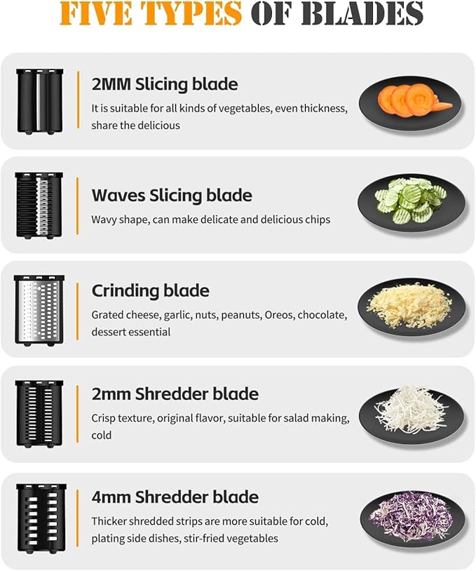 Electric Cheese Grater,5-In-1 Electric Grater,300W Salad Maker,Electric Slicer with One-Touch Control,Food Electric Slicer Shredder,Graters for Kitchen for Vegetables Cucumber Carrots Cabbage Nuts