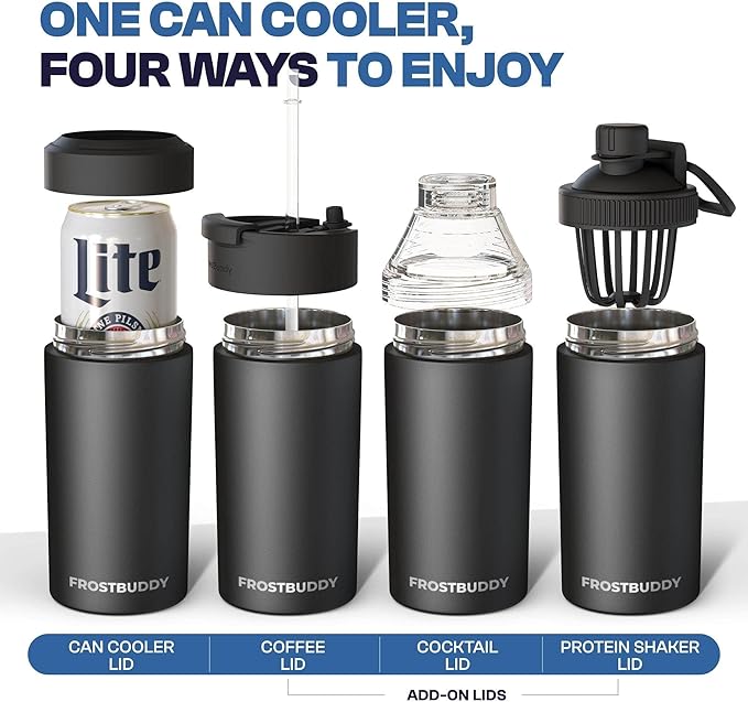 Frost Buddy Universal Can Cooler - Fits all - Stainless Steel Can Cooler for 12 oz & 16 oz Regular or Slim Cans & Bottles - Stainless Steel (Carbon Fiber)